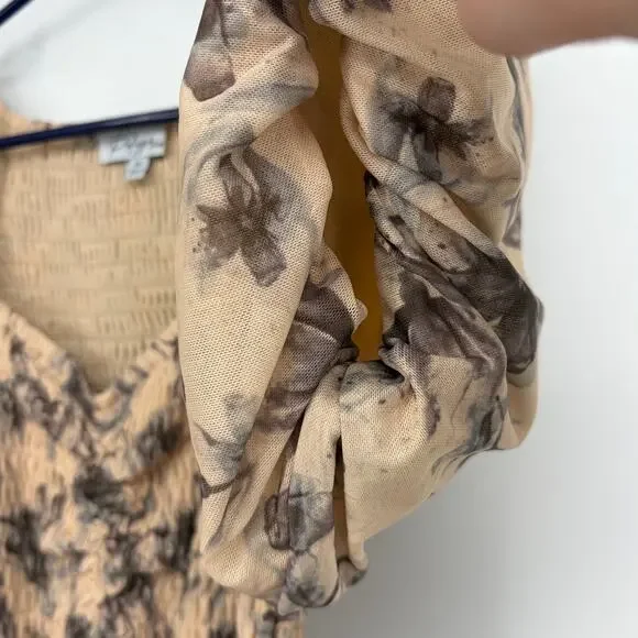 Polagram/Pink Blush Cream Floral Smocked Lined Midi Dress Size Medium - Picture 3 of 7